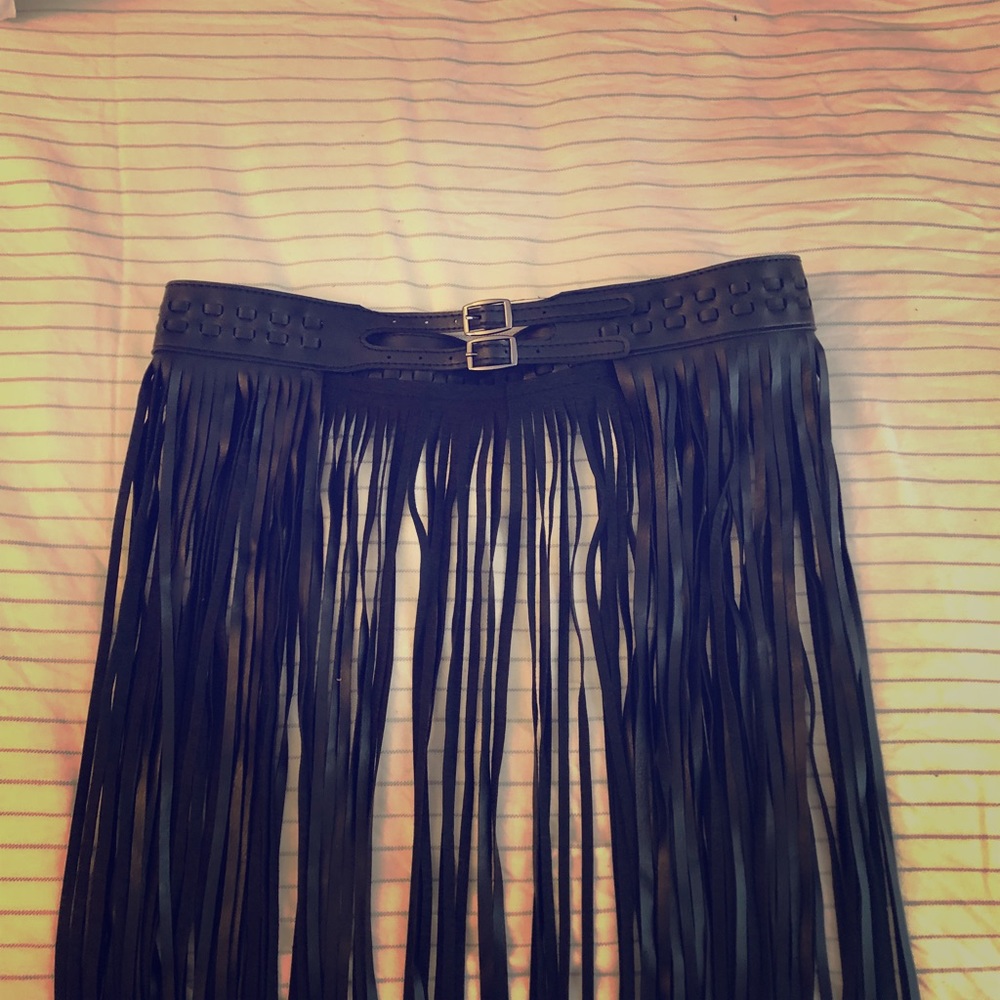 Black Leather Fringe Skirt
